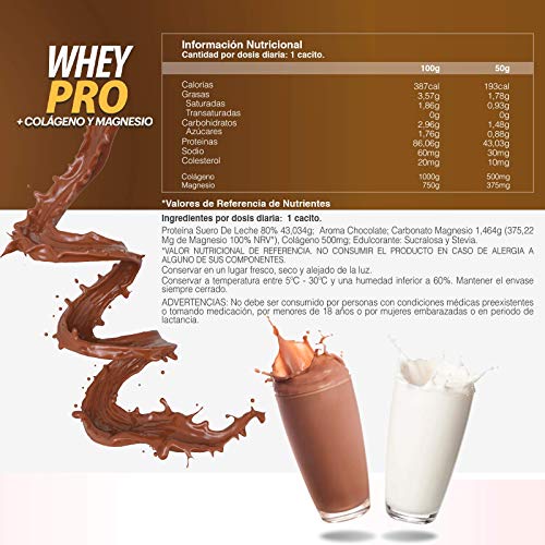 100% Whey Protein con Colágeno y Magnesio | 43Gr. de Proteína Pura por toma 0% Azúcares | Aumenta el crecimiento muscular y tonifica los músculos | Protege y lubrica Articulaciones | 1000g (Chocolate)
