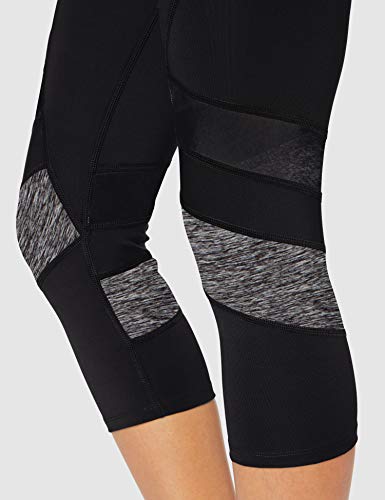 Amazon Brand - AURIQUE Leggings deportivos capri con paneles para mujer, Negro (Black/Grey Marl), 42, Label:L