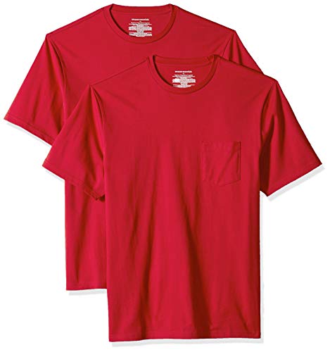 Amazon Essentials - Pack de 2 camisetas de manga corta y corte holgado con cuello redondo y bolsillo para hombre, Rojo (Red Red), US M (EU M)
