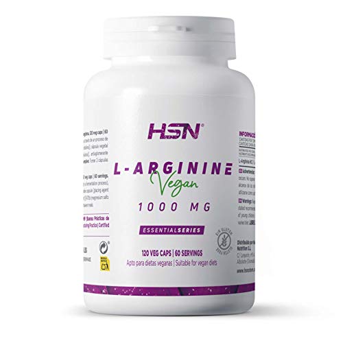 Arginina 1000mg de HSN | Óxido Nítrico, Mejora el Rendimiento Deportivo | Vegano, Sin Gluten, Sin Lactosa, 120 Cápsulas Vegetales
