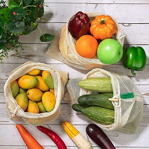 Bolsas de Malla Reutilizables, Bolsas de Comestibles 10 Piezas Bolsas de Algodón Orgánico para Frutas y Vegetales para Almacenar Comida, IR de Compras y Guardar Juguetes