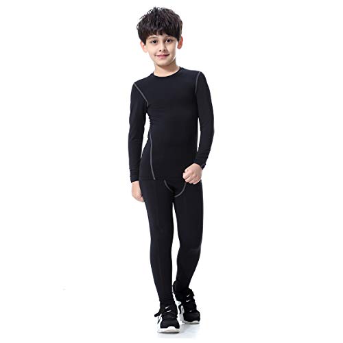 Bwiv Conjunto Térmico para Niños Camiseta Térmica de Manga Larga Pantalones Térmicos para Niños Ropa Interior Niña Esquí Elástico Secado Rápido(L140, Negro Grís Conjunto)