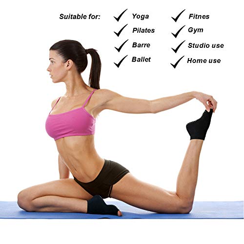 Calcetines sin Dedos YogaAddict para Yoga, Pilates, Danza, Barra; Media Puntera con agarres, Antideslizantes, Black (Grey Grippy Lines) - 2 Pairs, M/L