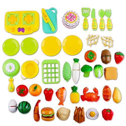 deAO Juego de Comida, Frutas y Verduras para Cortar Conjunto Infantil de Imitación Accesorios de Cocina de Juguete Actividad Educativa 42 Piezas y Caja de Almacenaje