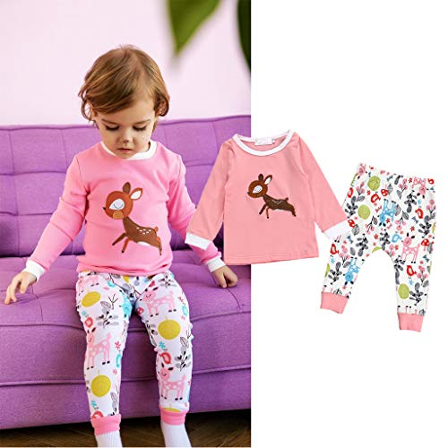 Fossen Kids - Pijamas Casero de Recién Nacido Bebé Navidad, Impresión deCiervo Top + Pantalones de Ciervo Flor
