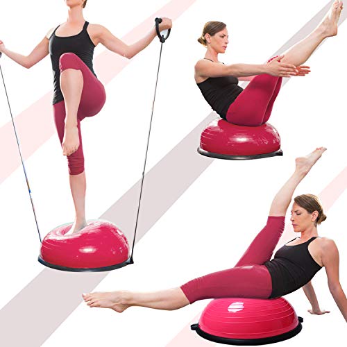 ISE Balance Trainer Fitball Bola de Equilibrio para Entrenamiento, Media Bola Ø 58cm,con Cables y Bomba de Resistencia para Pilates y Yoga, Rosado, BAS1001