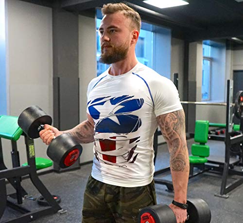 Khroom Camiseta de Compresión de Superhéroe para Hombre | Ropa Deportiva de Secado Rápido para Ejercicio Gimnasio Musculación Running | Material Extensible Ventilado Anti Transpiración Captain America