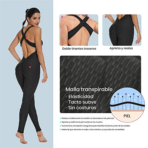 Mimoka Monos Pantalones Deportivos Mujer Elástico y Transpirable | Leggins Mujer Fitness Push up con Tirantes para Yoga GYM Running (L, Negro)