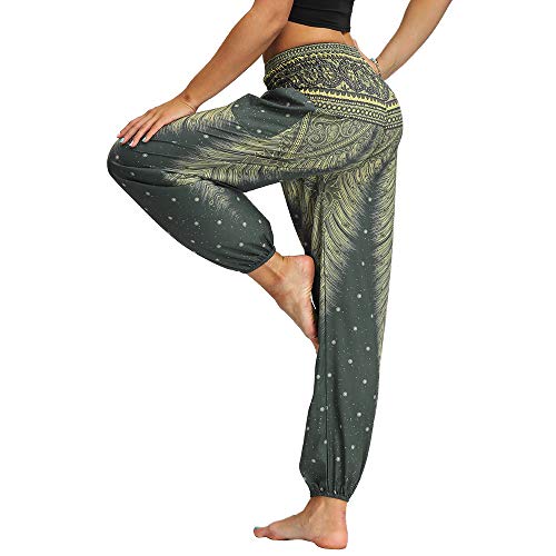 Nuofengkudu Mujer Hippies Pantalones Harem Tailandeses Boho Estampados Bolsillos Cintura Alta Baggy Yoga Pants Verano Playa Fiesta (Verde C,Talla única)