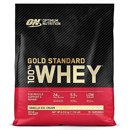 Optimum Nutrition ON Gold Standard 100% Whey Proteína en Polvo Suplementos Deportivos, Glutamina y Aminoacidos, BCAA, Helado de Vainilla, 151 porciones, 4.53 kg, Embalaje puede variar