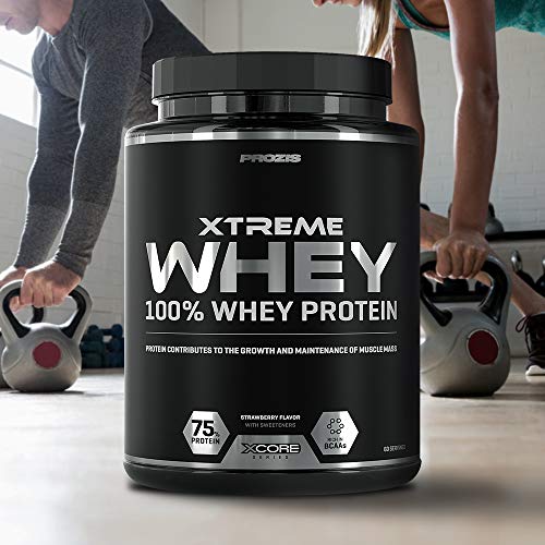Prozis Xtreme Whey Protein SS Aumenta el Crecimiento y el Mantenimiento de la Masa Muscular, Suplemento Vegetariano con BCAA, Glutamina y Vitaminas, Fresa - 2000 g