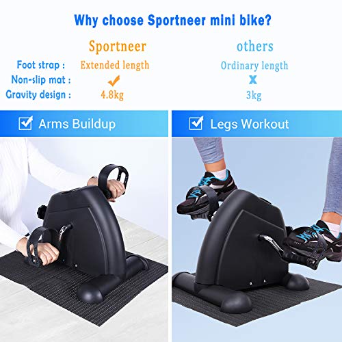 Sportneer Under Desk Bike Mini bicicleta de ejercicios de ciclo de pedal portátil con monitor digital y alfombra antideslizante, resistencia ajustable, Negro