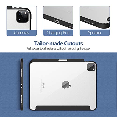 TiMOVO Funda Compatible con iPad Pro 12.9 Inch 2020, Cubierta Triple Claro con Borde de Colchón Aire de TPU, Soporta de Carga de Stylus Pencil, Auto Sueño/Estela - Negro