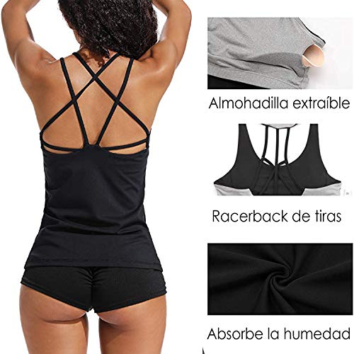 Tops Yoga Mujer Sin Mangas con Relleno Acolchado Deportiva Sujetador Camiseta de Tirantes GT1580#1 Negro S
