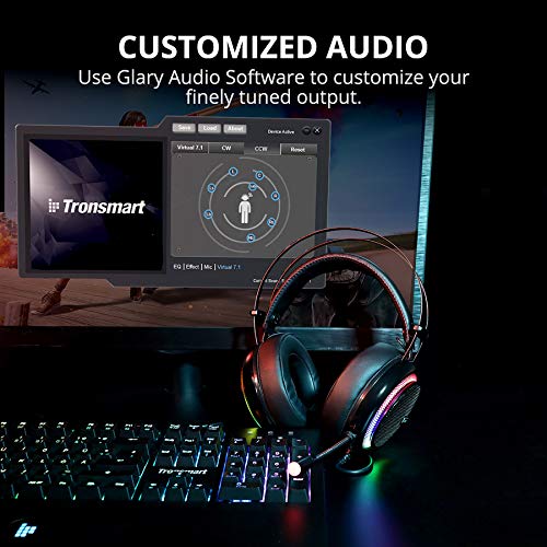 Tronsmart Auriculares Gaming Sonido Envolvente 7.1-Drivers de Transductores 50mm-Profesional con Micrófono Diadema-Cancelación de Ruido-Glary-Cascos Gaming-Función Mute y Luces LED,PC&PS4 gamer