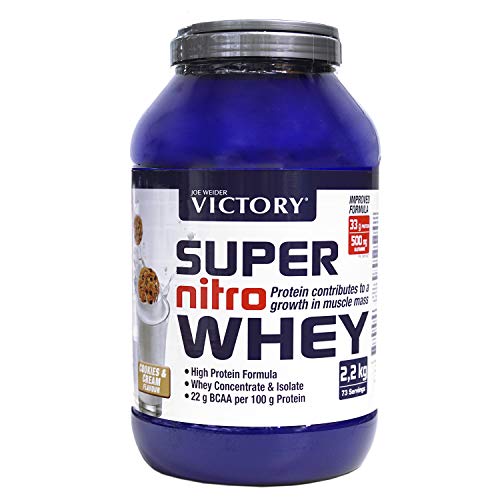 Victory Super Nitro Whey Cookies & Cream (2,2 kg). Combinación Concentrado y Aislado de Suero. Fuente Proteica rica en BCAAs. Recuperación muscular. Con L-Glutamina, Vitamina B6 y Calcio.