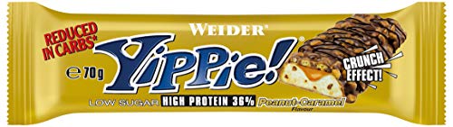 Weider Yippie Bar. Barrita de Proteína 36%. Bajo contenido en Carbohidratos y Azúcares. Sabor Cacahuete-Caramelo (12x70 g)