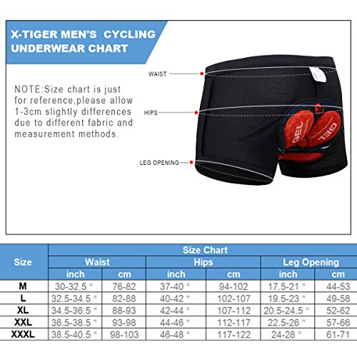 X-TIGER Hombres Ropa Interior de Bicicleta con 5D Gel Acolchado MTB Ciclismo Pantalones Cortos, Color Negro con Rojo, XL