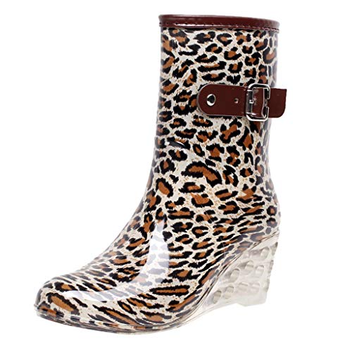 YWLINK Botas De Lluvia Mujer Impermeable Leopardo Zapatos con CuñA Botas De Nieve Estilo Punk Zapatos De Agua Transparentes Zapatos De Goma Moda CóModo TamañO Grande Tubo Medio Y Alto(marrón,38EU)