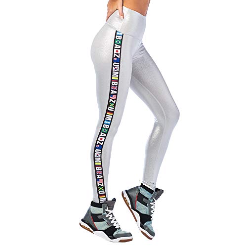Zumba Wide Waistband Dance Fitness Compression Fit Workout Metallic Leggings For Women, Plata, XS para Mujer