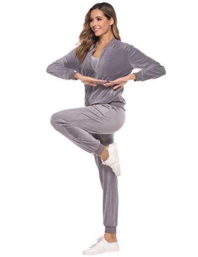 Akalnny Chándal Conjunto Mujer de Terciopelo Informal Pijamas Trajes Chaquetas de Manga Larga con Cremallera + Pantalones de Cintura Alta Gris