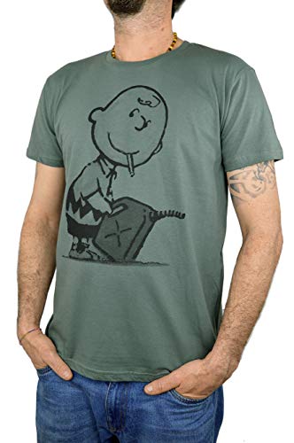 Banksy Charlie Brown | Faces T-Shirt Hombre 100% Algodón | Color Caqui Impresión del Manual de la Pantalla de Agua (XXXL Hombre)