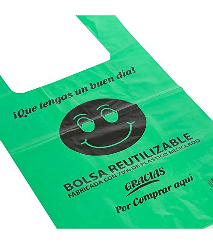 Bolsas de Plástico Tipo Camiseta Resistentes, Reutilizables y Recicladas | Galga 200 | Tamaño XXL 50x60 cm | 2 Kg - 70 uds Aprox. | 70% Recicladas | Cumple Normativa | Aptas Uso Alimentario | Verdes