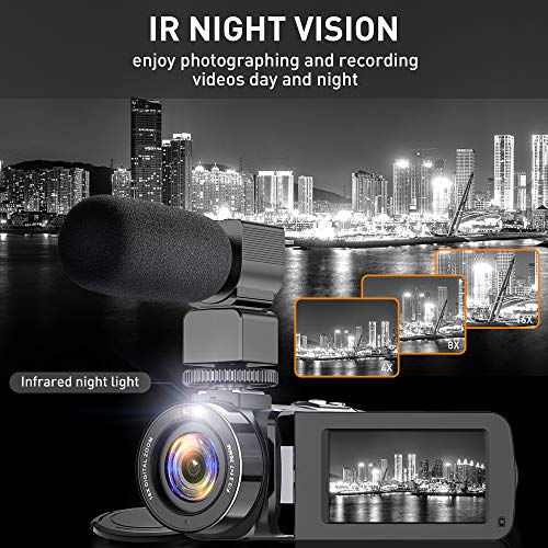 CamVeo 2.7K Videocámara Camcorder, Vlogging Kamera mit 1o6X leistungsstarken Zoom und 36 Mega Pixel IR Night Vision Digital, Kamera-Recorder mit 3,0 Zll LCD Touchscreen Camcorder Full HD mit Mikrofon