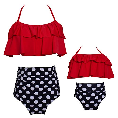 ChayChax Traje de Baño Mujer Niñas Lindo Conjunto de Bikini Madre e Hija Familia Volantes Talle Alto Trajes de Baño, Rojo, 5-6 años (128)
