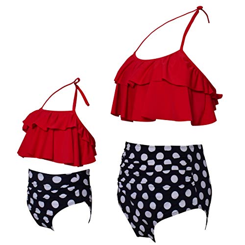 ChayChax Traje de Baño Mujer Niñas Lindo Conjunto de Bikini Madre e Hija Familia Volantes Talle Alto Trajes de Baño, Rojo, 5-6 años (128)