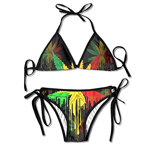 Conjunto de Bikini Acolchado para Mujer de Moda Pot Leaf Rasta Colors Dripping Paint Printing Traje de baño Ajustable 2 Piezas