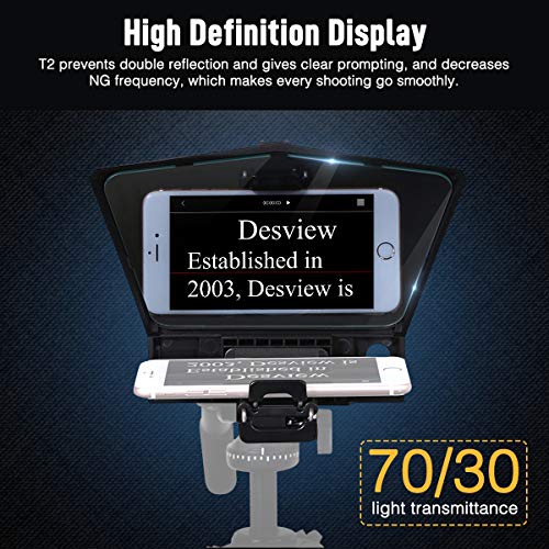 Desview T2 Teleprompter-Móvil-Cámara-DSLR, Telepronter Autocue Compatible para iPad Mini y iPhone, con Control Remoto y Anillos Adaptadores de Lentes