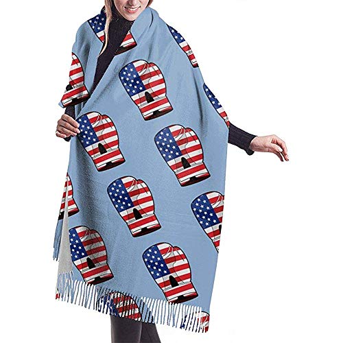 Elaine-Shop Bufanda para mujer Guante de boxeo con bandera de EE. UU. Bufanda clásica a cuadros con borlas Bufanda cálida de otoño e invierno