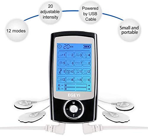 Electroestimulador digital, para aliviar el dolor muscular y el fortalecimiento muscular, masaje, EMS, TENS, pantalla LCD azul,8 electrodos autoadhesivos, 16 Programas de masaje