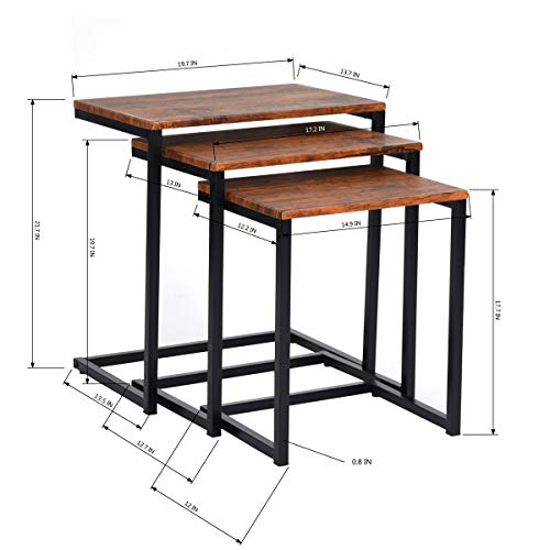HOMYCASA - Juego de 3 mesas auxiliares apilables de madera para sala de estar, metal, color marrón