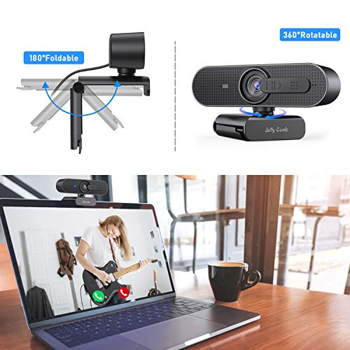 Jelly Comb Webcam 1080p/30fps Enfoque Automático con Micrófono Estéreo, Cámara Web con Tapa de Privacidad para Skype, Videollamada, Streaming De Juegos, Conferencia, PC/Mac/Portátil/Macbook-Negro