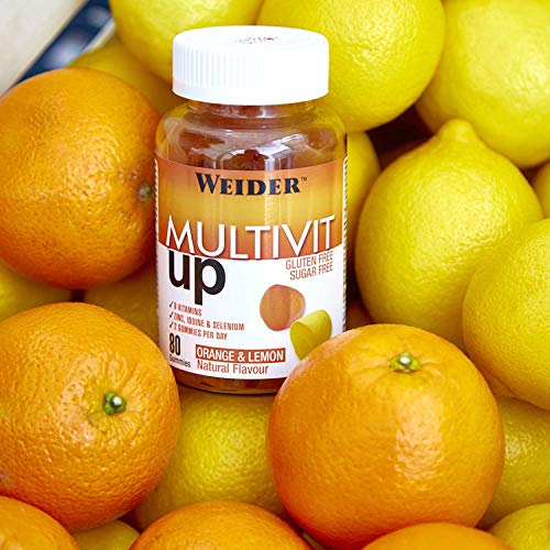 Joe Weider Victory Multivit Up 80 gummies, Sabor naranja y limón, Sin azúcares y sin gluten, Gominolas de vitaminas y minerales