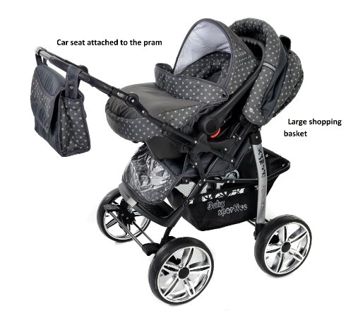 Kamil, Classic 3-in-1 Travel System with 4 STATIC (FIXED) WHEELS incl. Baby Pram, Car Seat, Pushchair & Accessories (3-in-1 Travel System, Gray & Polka Dots)