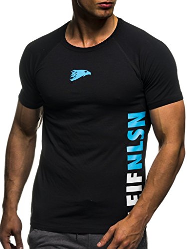 Leif Nelson Camiseta para Hombre con Cuello Redondo de Gimnasia Ropa de Deporte LN-06279 Azul Negro Large