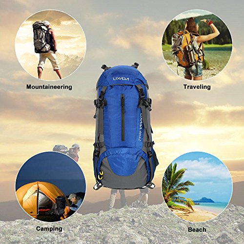 Lixada Mochila de Senderismo 50L con Cubierta Impermeable Mochila de Marcha Trekking Camping Deporte al Aire Libre (Azul)