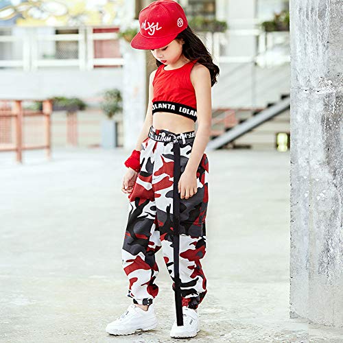 LOLANTA 2 Piezas Niñas Hip Hop Street Dance Ropa Individual Juego Crop Tank Top + Camuflaje Pantalones Basculador (15-16 años, Rojo)