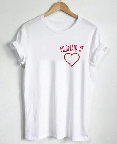 MIALIFEX - Camiseta de manga corta para mujer, diseño de sirena en el corazón con letras de bolsillo de algodón con estampado casual y divertido para dama blanca Blanco blanco XXL