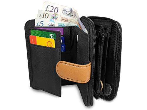 Monedero de Cuero Real RFID y Bloqueo NFC con 2 Secciones de Monedas con Cremallera, 5 Bandejas de Monedas, 6 Ranuras para Espacios de Tarjetas de Crédito y Débito 14cm x10 x3 QL841M (Multicolor)