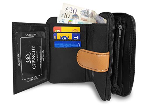 Monedero de Cuero Real RFID y Bloqueo NFC con 2 Secciones de Monedas con Cremallera, 5 Bandejas de Monedas, 6 Ranuras para Espacios de Tarjetas de Crédito y Débito 14cm x10 x3 QL841M (Multicolor)
