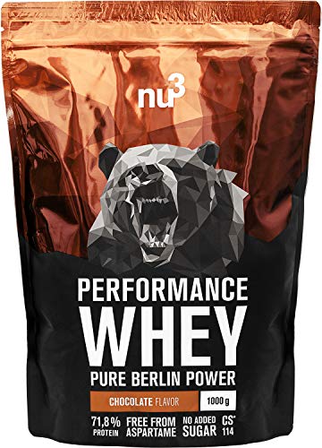 nu3 Performance Whey Protein - 1 kg de suero en polvo sabor chocolate con 71.8% de proteína - Con aminoácidos BCAAs + proteína aislada isolate - Batido proteico para ganar masa - Altamente soluble