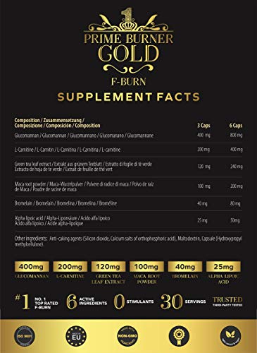 Prime Burner Gold | Quemador de Grasa 100% Natural| Fórmula Activa Para Keto Dieta| Ingredientes Naturales Quemagrasas | Vegano | Certificado Por Laboratorio | 90 Cápsulas | Fabricado en la UE