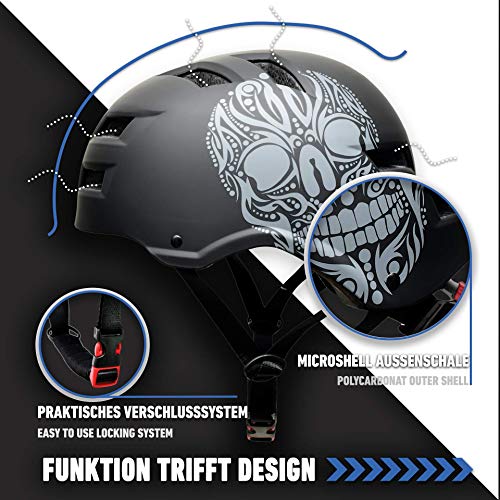 SkullCap® Casco de Skate y BMX - Bicicleta Y Scooter Eléctrico, Diseño: Skull, Talla: L (58-61 cm)