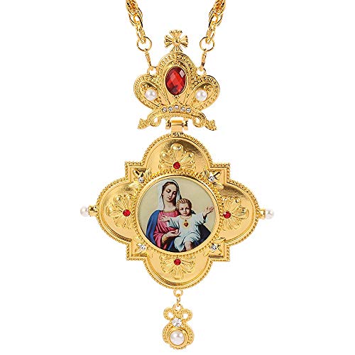 SWAOOS Color Dorado Cruz Pectoral Ortodoxa Griega Virgen María Icono Colgante Collar De Joyería Artesanía Religiosa con Caja