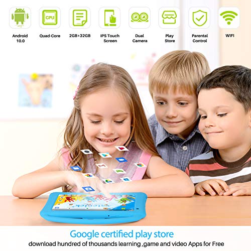 Tablet Niños 7 Pulgadas Pantalla IPS HD WiFi QuadCore Android 10.0 Pie Tablet PC para Niños - Certificación GMS 2GB + 32GB Funda Silicona Portátil Mano Regalo Cumpleaños para Niños(Azul)