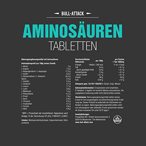 TABLETAS DE AMINOÁCIDOS - 250 tabletas vegetarianas de alta dosis de aminoácidos complejos á 1000mg - Todos los 18 aminoácidos para el suministro óptimo de los músculos también en la dieta (250)